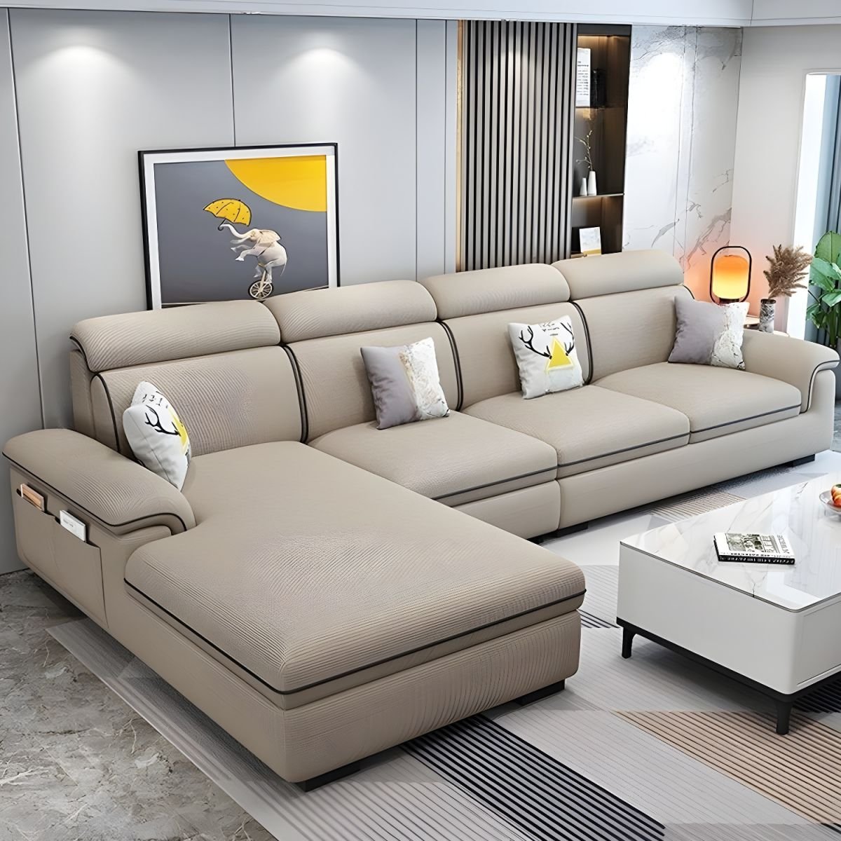 Wooden Modern 9 Feet L-Shape Sectionals No Distressing Seats 4 Storage Included Sofa Chaise - Linen Khaki Left