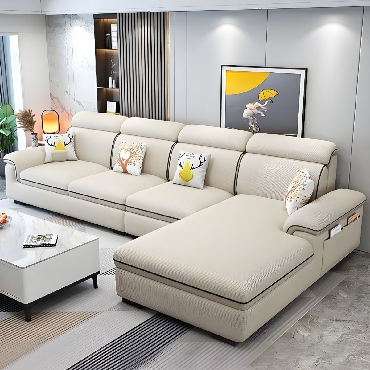 Wooden Modern 9 Feet L-Shape Sectionals No Distressing Seats 4 Storage Included Sofa Chaise - Linen Off-White Right