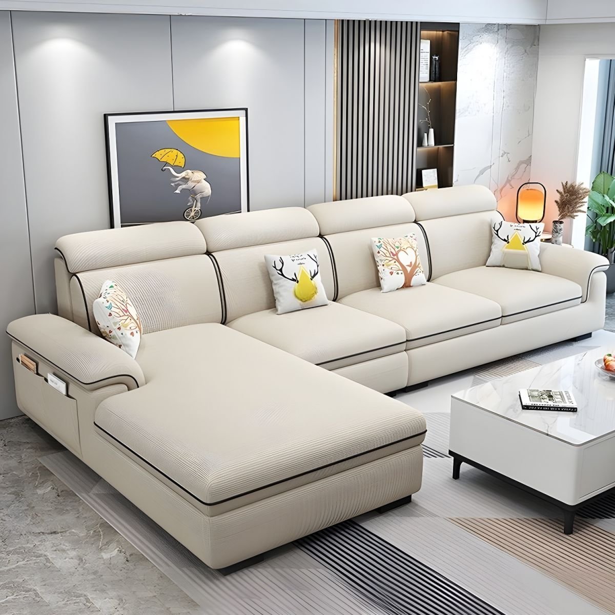 Wooden Modern 9 Feet L-Shape Sectionals No Distressing Seats 4 Storage Included Sofa Chaise - Linen Off-White Left