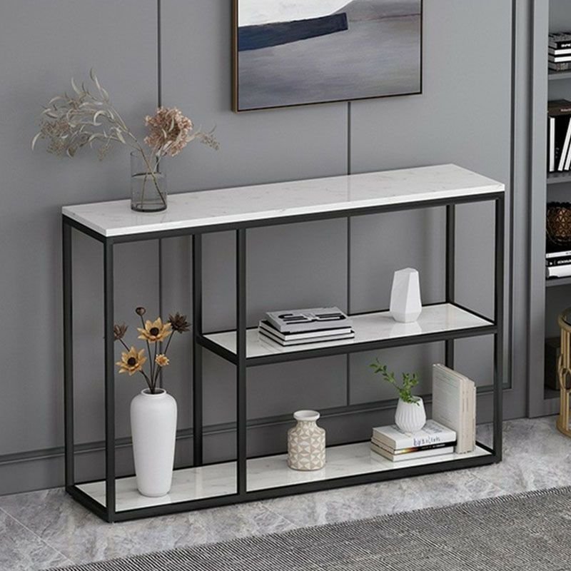 1 Piece Faux Marble Floor Shelf Console Table with 3 Shelves for Entry Door , White, Black, 47"L x 12"W x 31"H