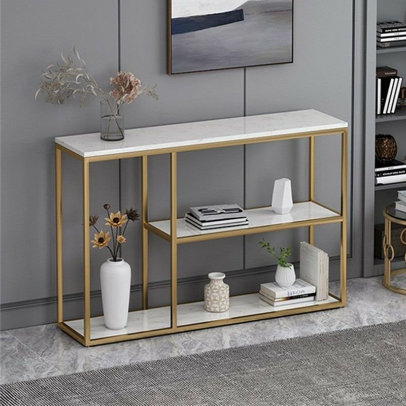 1 Piece Faux Marble Floor Shelf Console Stands with 3 Shelves for Hallway , White, Gold, 55"L x 12"W x 31"H