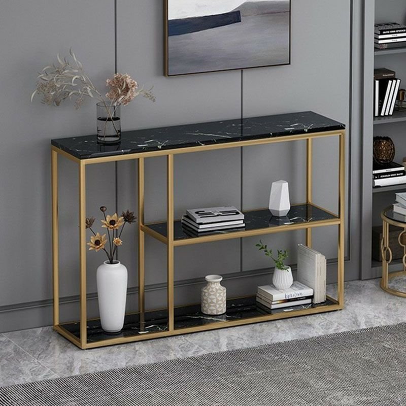 1 Piece Set Faux Marble Floor Shelf Entrance Table with 3 Shelves for Foyer , Black, Gold, 63"L x 12"W x 31"H
