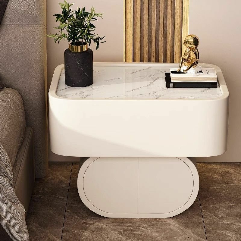 Simplistic White Sintered Stone Drawer Storage Bedside Table, 18"L x 17"W x 19"H