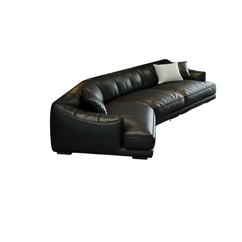 Arched Natural Wood Ink Horizontal Corner Sectional Seats 5 Sitting Room, Full Grain Cow Leather, 115"L x 44"W x 26"H