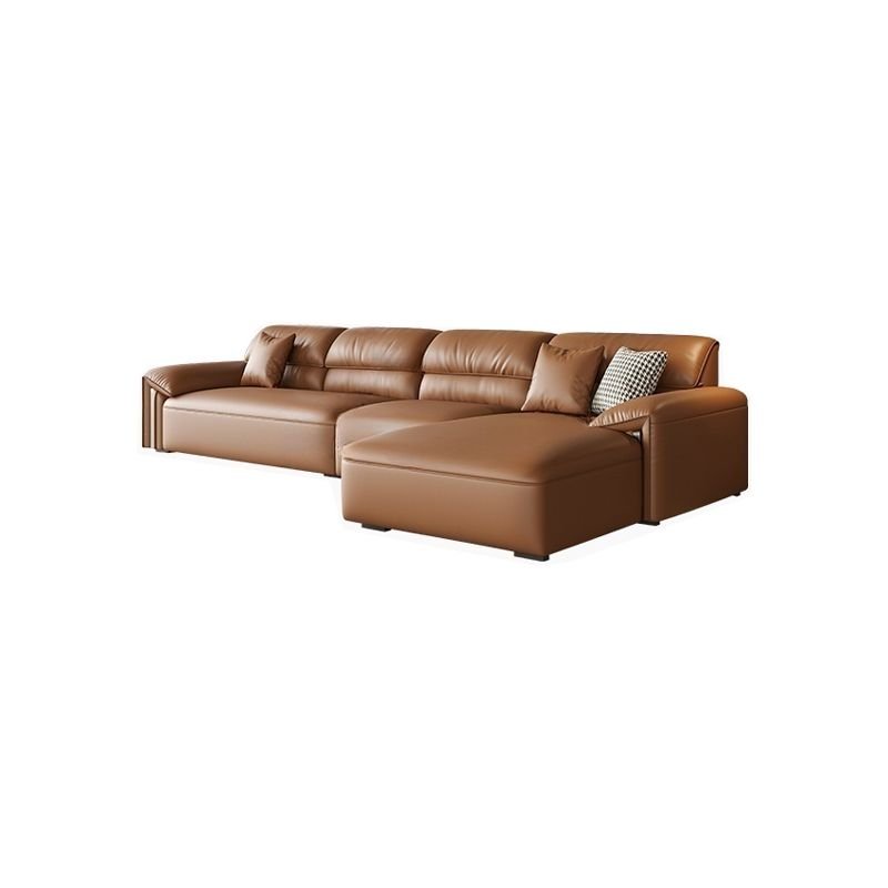 Brown Leather L-Shape Right Sofa Chaise with Concealed Support, for Living Room, 134"L x 69"W x 33"H