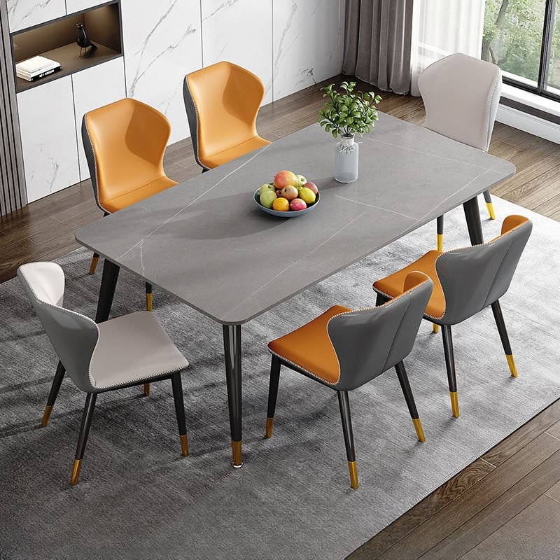 4-Leg Stone Fixed Grey Dining Table Set with Upholstered Back Cushion Chair for 6 People, 7 Piece Set, Table & Chair(s), 32.7"H x 15.7"W x 16.1"D