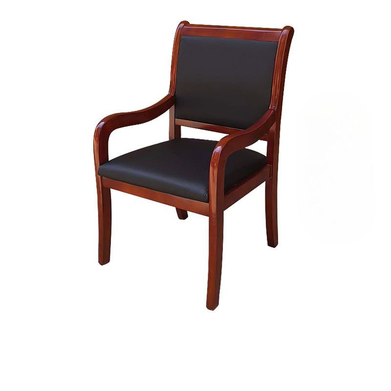 Minimalist Ergonomic Black Leather Bankers Chair with Arms and 4 Legs, Brown/ Black, Oak, 20"L x 20"W x 36"H