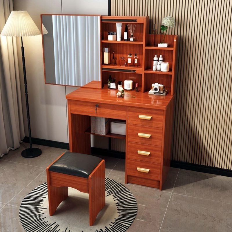 Bedroom Use Push-Pull Floor Vanity with Tabletop Storage, No Suspended, Makeup Vanity & Stools, Nut-Brown, Right, 31.5"L x 13.8"W x 55.1"H