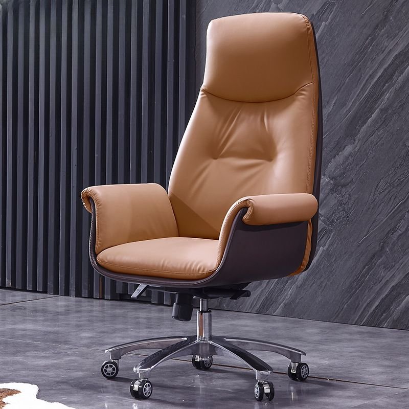 Yellow Rotatable Lifting Tilt Available Executive Chair with Back and Wheels, Yellow, Cow Leather
