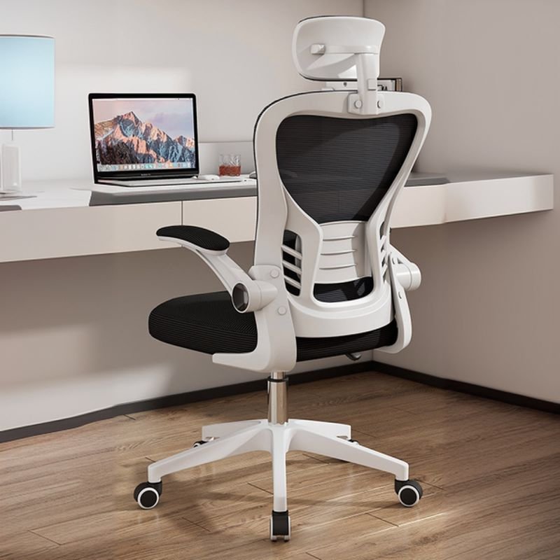 Lumbar Support Flip-Up Armrest Ink Rotatable Lifting Upholstered Office Furniture with Headrest, Armrest and Caster Wheels, Tilt Unavailable, White-Black