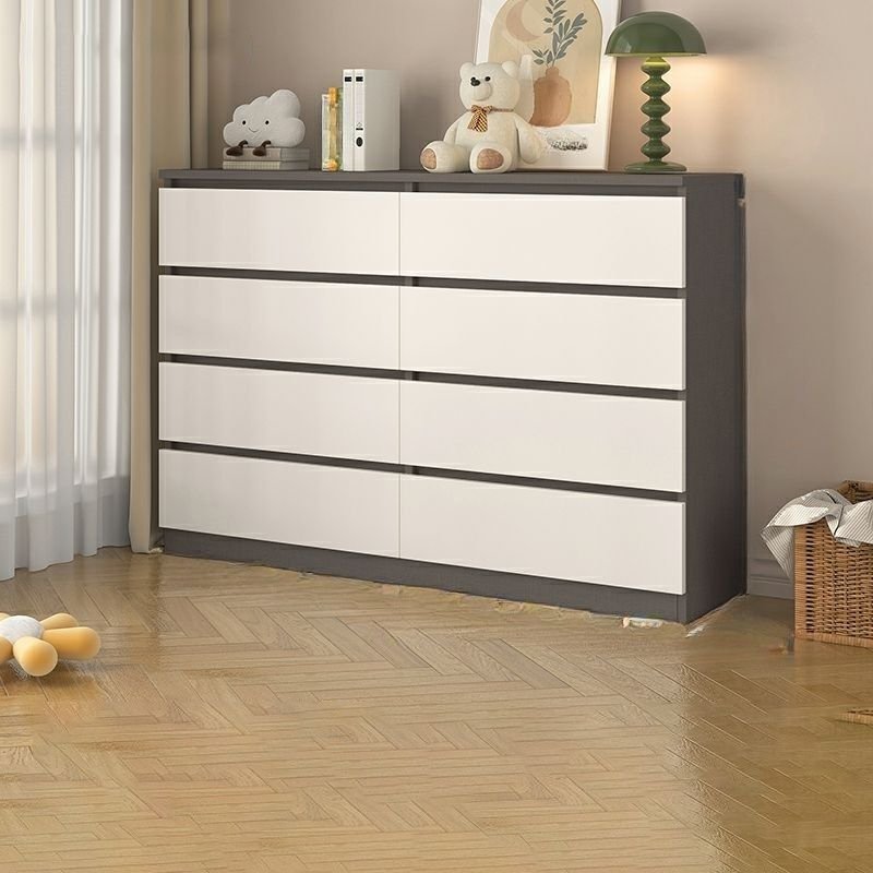 Art Deco Horizontal Double Dresser Lumber with 8 Drawers for Sleeping Room, 47"L x 16"W x 38"H, Gray & White