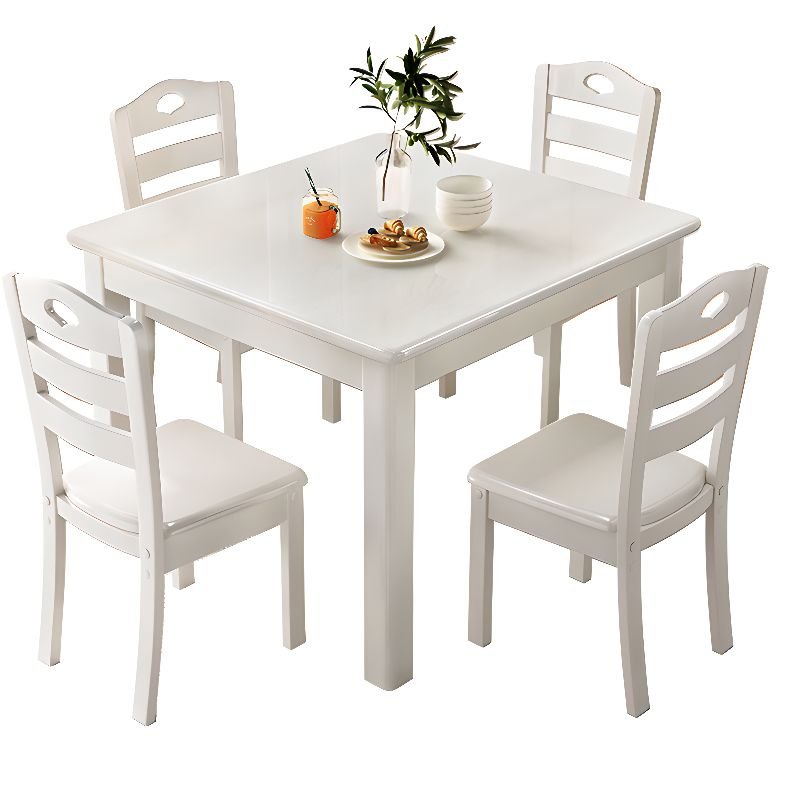 Casual Natural Wood Square Dining Table Set in White Wood with Ladder Back Chairs for 4 People, Table & Chair(s), 5 Piece Set, White, 31.5"L x 31.5"W x 29.5"H