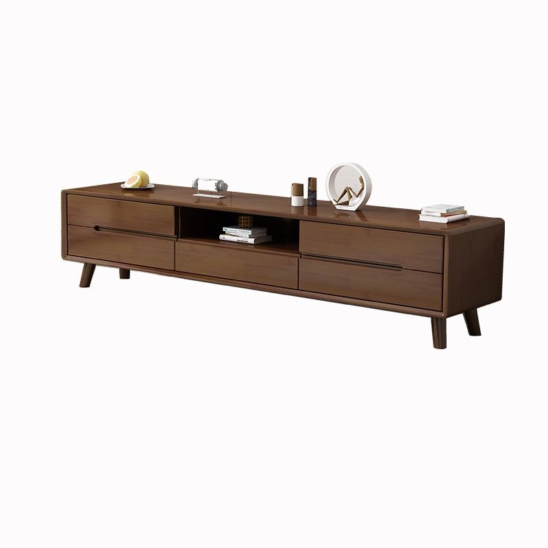 Simplistic Real Wood TV Stand, Accessible Storage with 5-Drawer, Nut-Brown