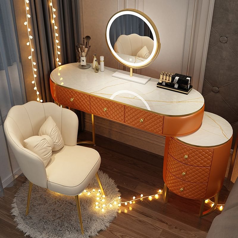 Bedroom Use Art Deco Scalable Push-Pull Vanity with Adjustable Brightness Lighting, No Suspended, Makeup Vanity & Mirror & Stools, Orange, 59"L x 16"W x 30"H