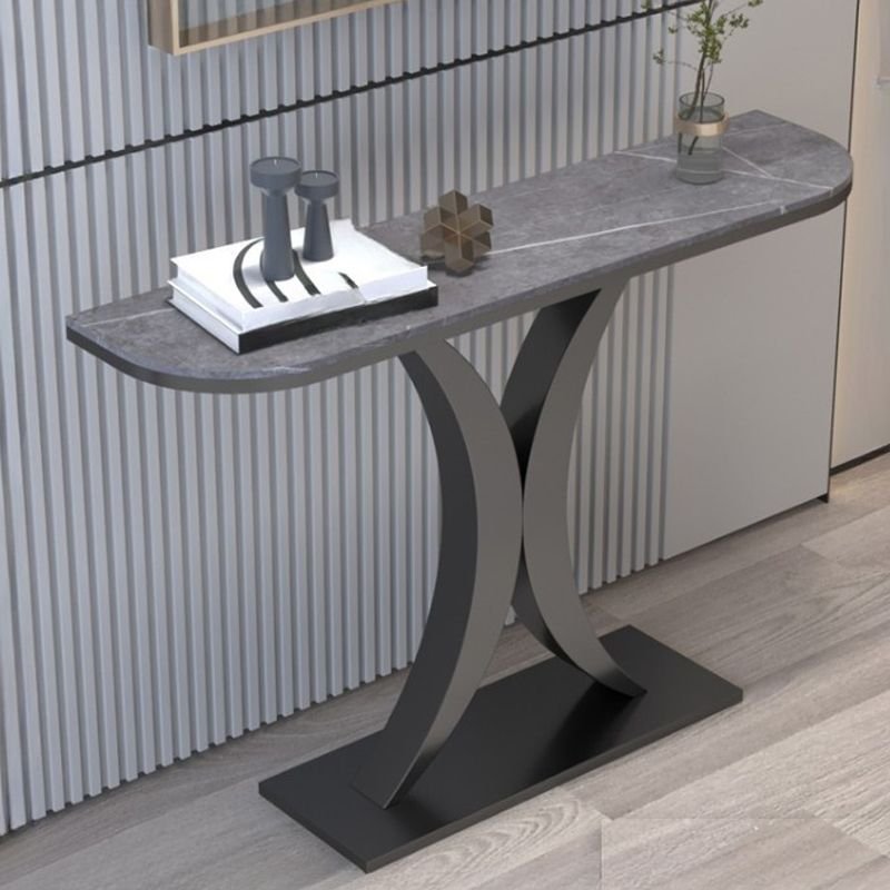 Stylish Rectangular Scratch Resistant & Stain Resistant Grey Stone Top Geometric Console Table, Black, 59"L x 12"W x 31"H