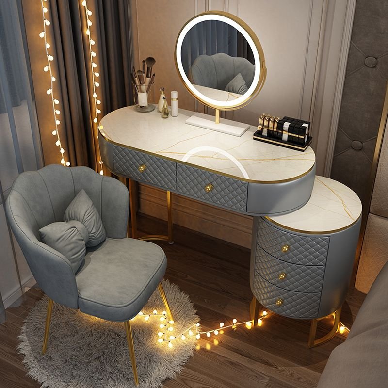 Bedroom Use Glamorous Scalable Push-Pull Vanity with Adjustable Brightness Lighting, No Suspended, Makeup Vanity & Mirror & Stools, Grey, 51"L x 16"W x 30"H