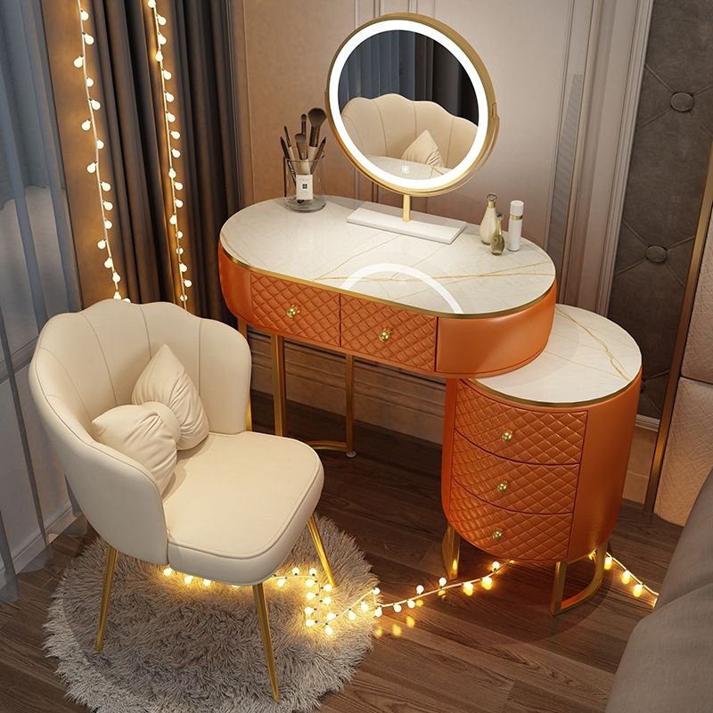 Bedroom Use Luxurious Scalable Push-Pull Vanity with Adjustable Brightness Lighting, No Suspended, Makeup Vanity & Mirror & Stools, Orange, 43"L x 16"W x 30"H