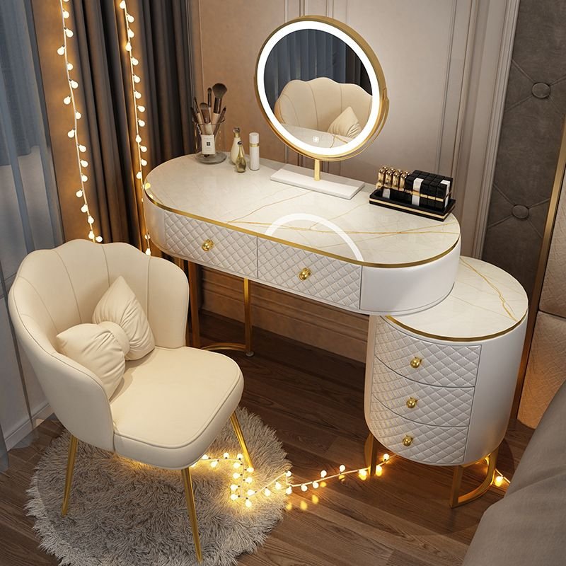 Bedroom Use Luxurious Scalable Push-Pull Vanity with Adjustable Brightness Lighting, No Suspended, Makeup Vanity & Mirror & Stools, White, 51"L x 16"W x 30"H
