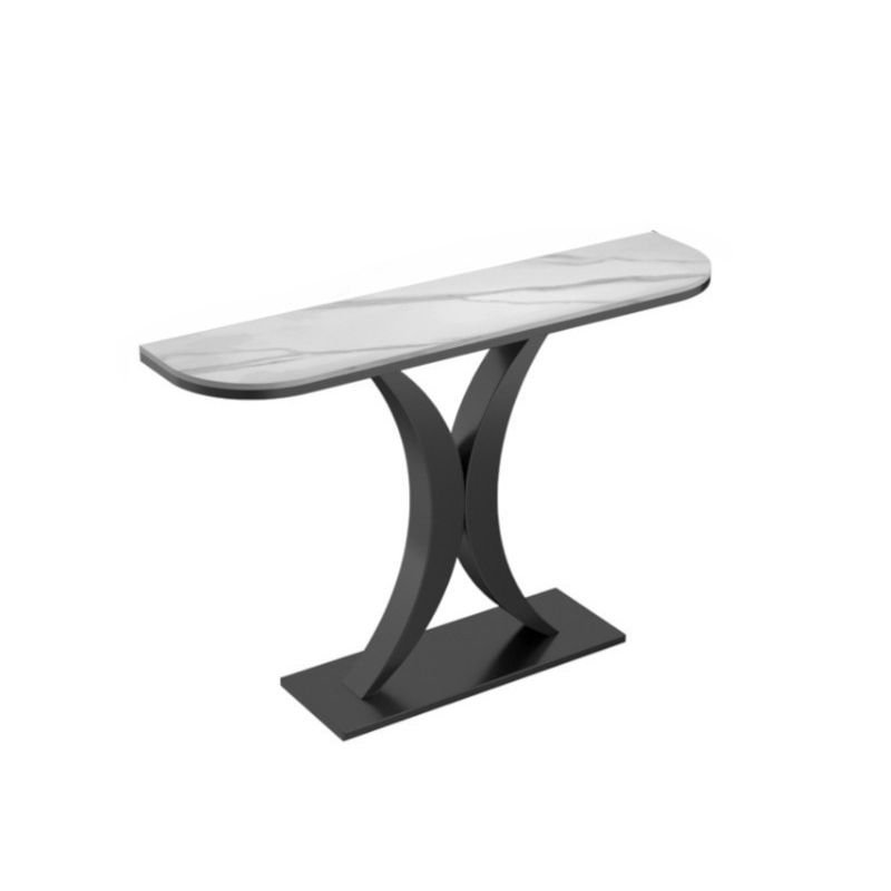Stylish Rectangular Stain Resistant & Scratch Resistant Stone Top Geometric Console Desk, Black, Gray/ White, 59"L x 12"W x 31"H