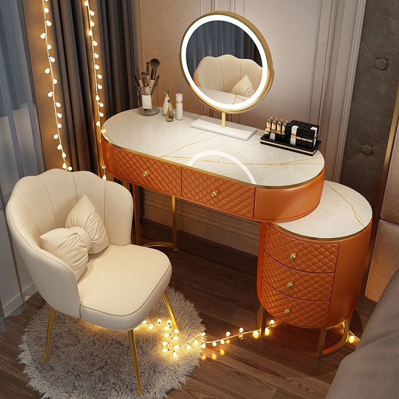 Bedroom Use Glam Scalable Push-Pull Vanity with Adjustable Brightness Lighting, No Suspended, Makeup Vanity & Mirror & Stools, Orange, 51"L x 16"W x 30"H