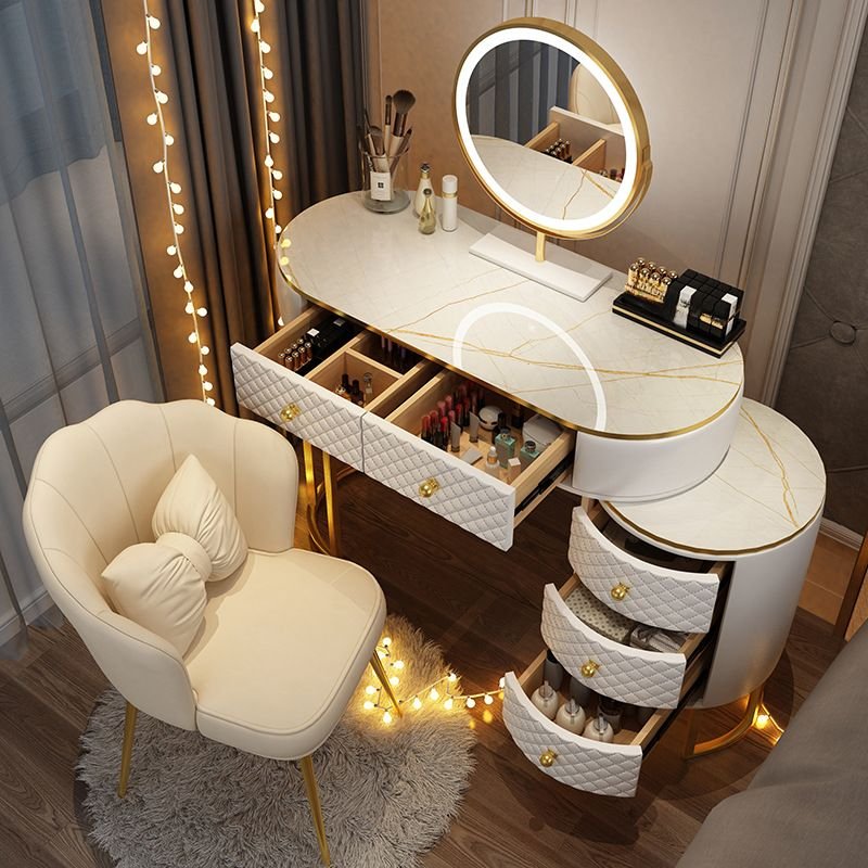 Bedroom Use Glamorous Scalable Push-Pull Vanity with Adjustable Brightness Lighting, No Suspended, Makeup Vanity & Mirror, White, 59"L x 16"W x 30"H