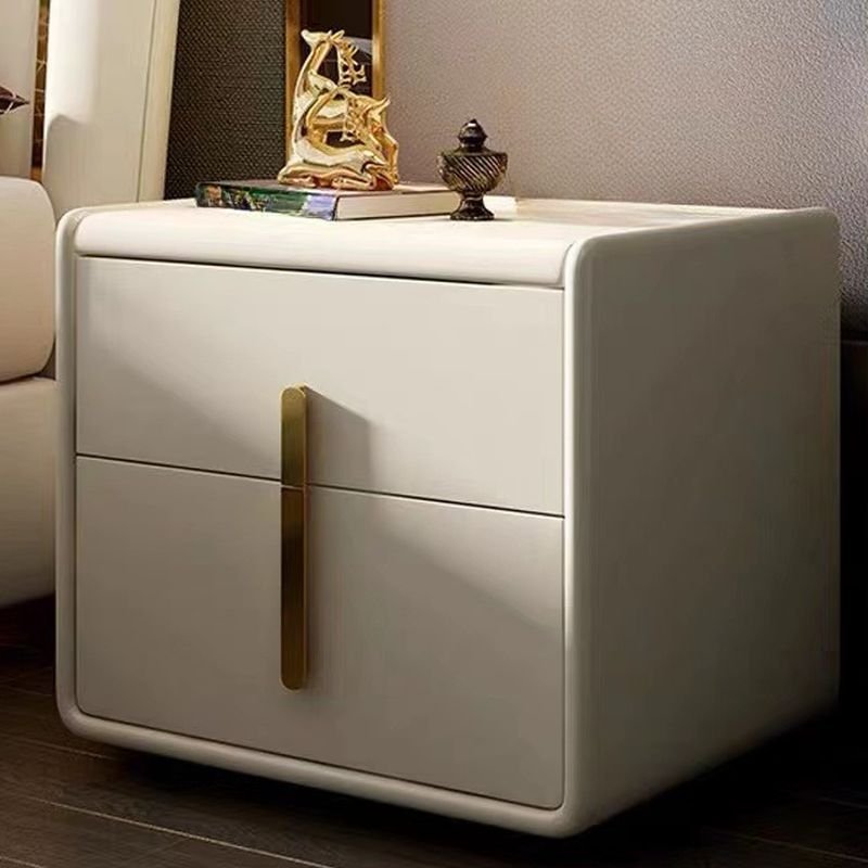 2 Tiers Simple Vinyl Leather Nightstand With Drawer Organization, Off-White