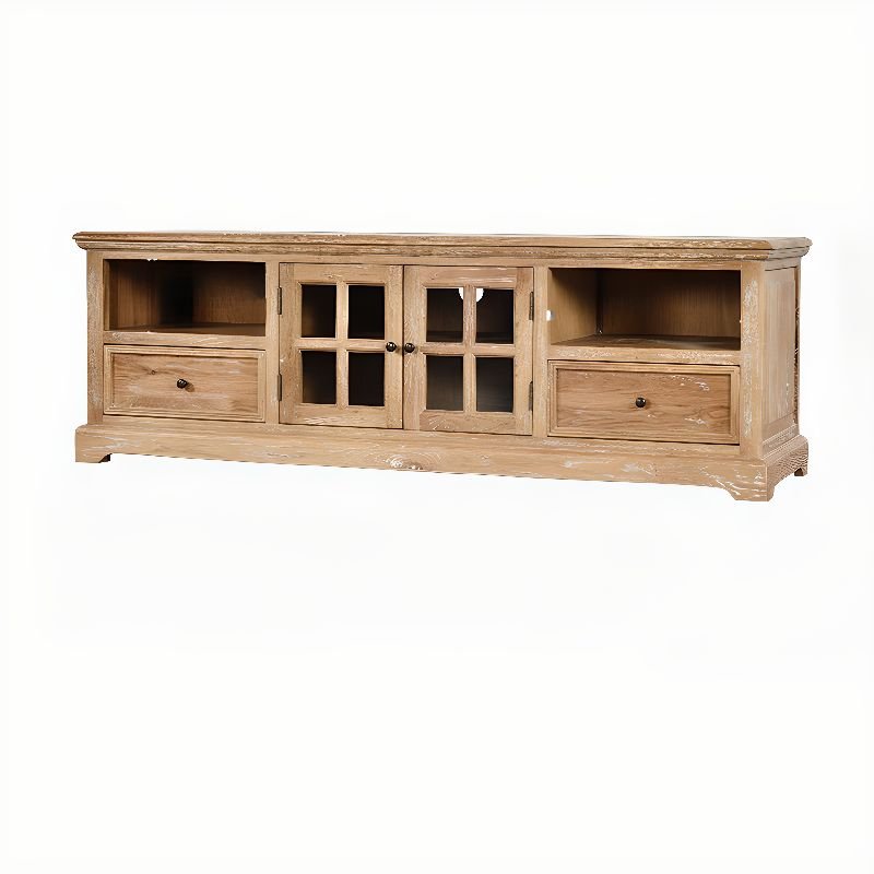 2 Doors Antique Rectangular Wood Scoring Solid+ Composite Wood TV Stand with Adaptable Shelf, for Parlor, Wood Color