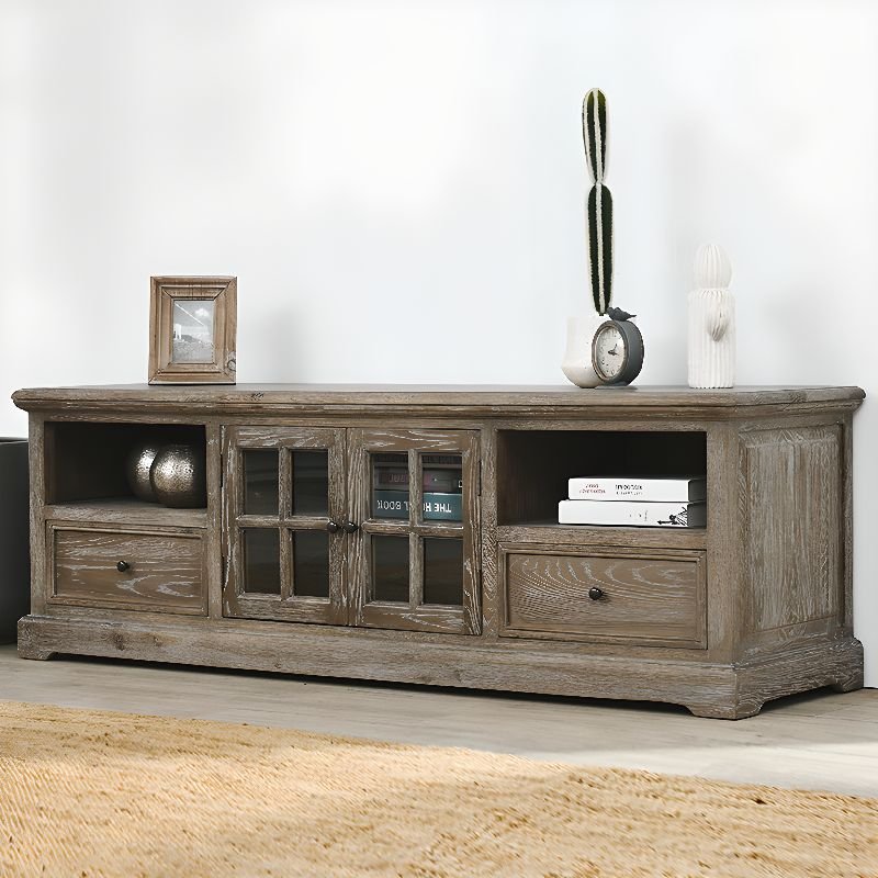 2-Door Cottage Rectangle Distressed Finish Solid+ Engineered Wood TV Stand with Flexible Shelf, for Sitting Room, Grey