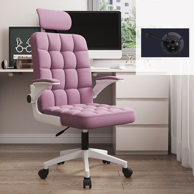 Art Deco Ergonomic Upholstered Office Furniture in Pink with Arms, Tilt Lock and Flip-Up Armrest, Linen, Pink