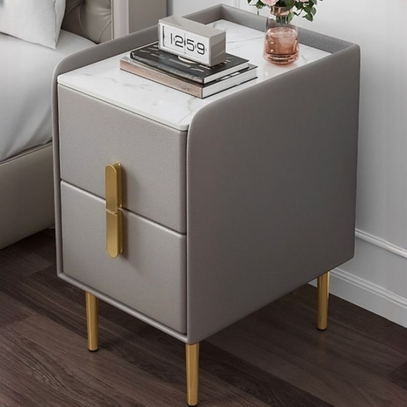 Simplistic Stone Countertop 2 Tiers Drawer Storage Bedside Table, 12"L x 16"W x 20"H, Light Gray
