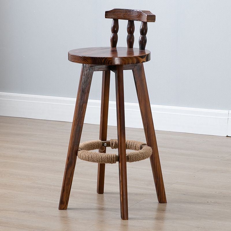 Brown Pub Stool in Timber with Back and Nailhead Design, Dark Brown