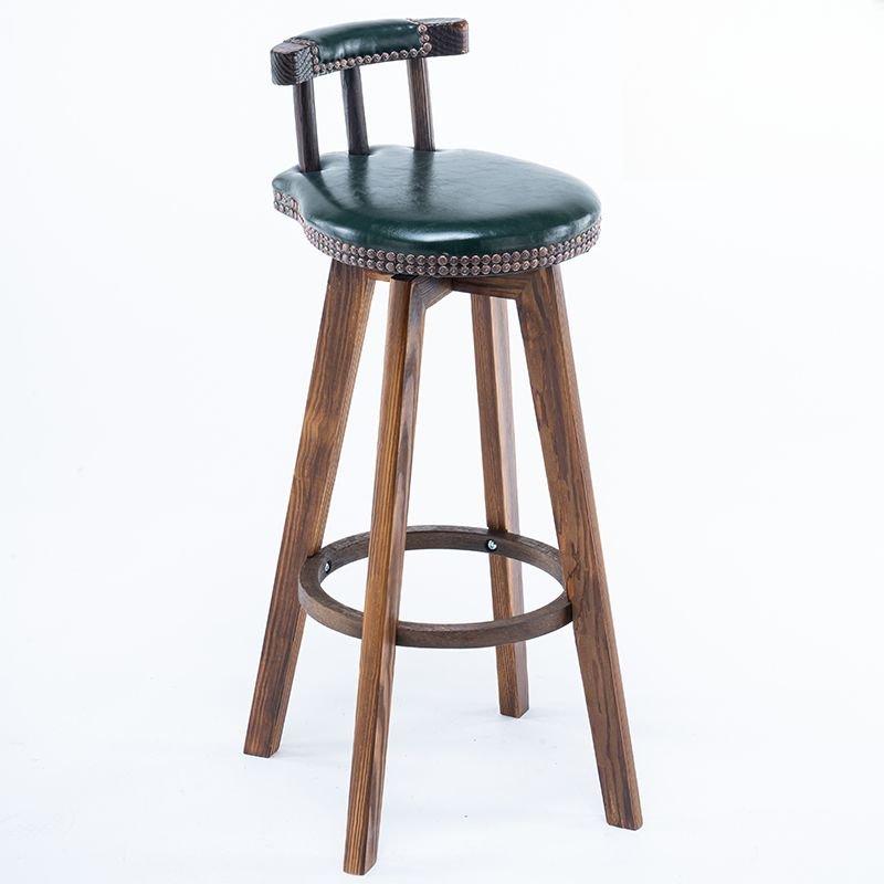 Simplistic Round Top Calfskin Bistro Stool in Teal with Rear, Foot Pedestal and Decorative Nailhead, Blackish Green