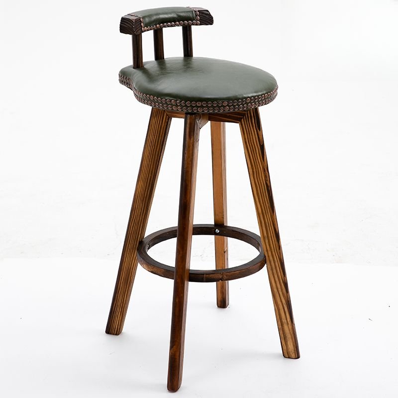 Art Deco Round Hideskin Pub Stool in Turquoise with Backrest, Leg Rest and Nailhead Embellishment, Army Green