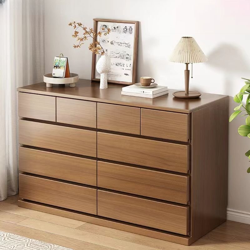10 Drawers Trendy Double Dresser for Sleeping Room, Light Walnut, 55"L x 16"W x 33"H