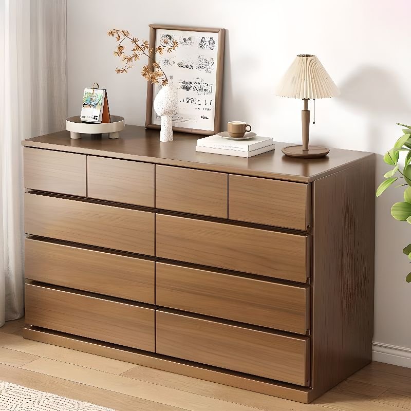10 Drawers Simplistic Double Dresser for Sleeping Quarters, Light Walnut, 63"L x 16"W x 33"H