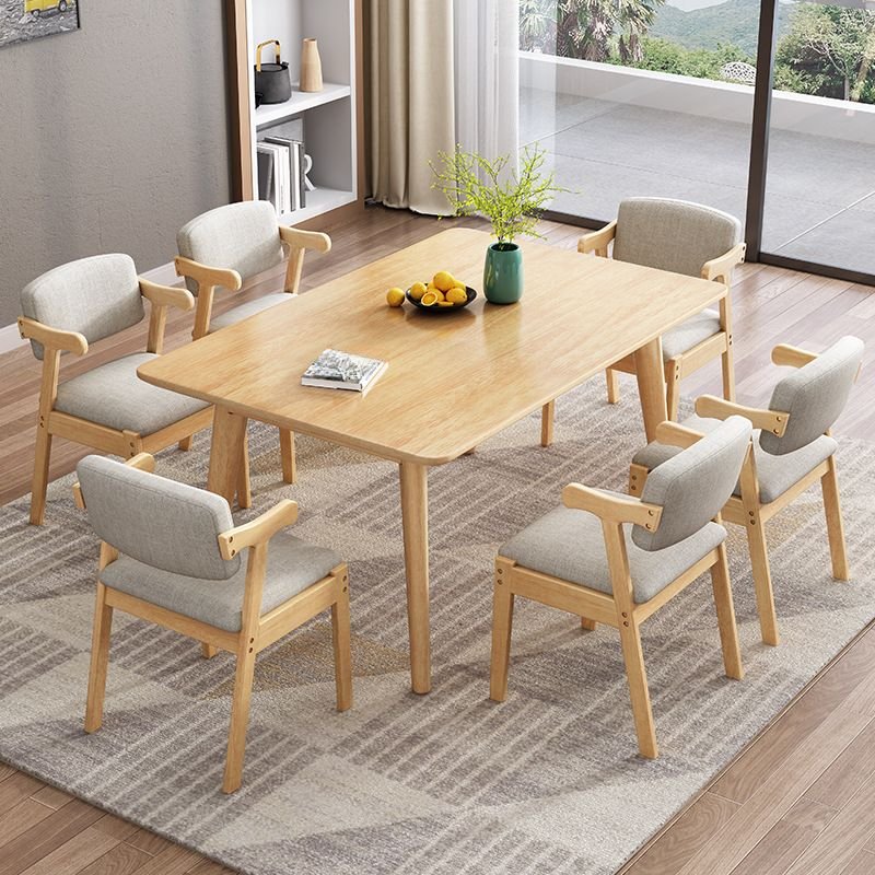 Wood Rectangle Dining Table Set with Natural Finish Table and Upholstered Chairs for Seats 6, 7 Piece Set, 63"L x 31.5"W x 29.9"H, Natural, Table & Chair(s)
