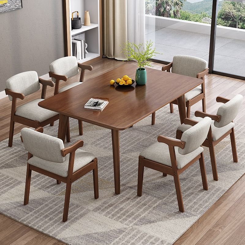 Wood Sepia Rectangle Dining Table Set with 4-leg Table and Upholstered Back Cushion Chair with Armrest for Seats 6, 7-piece, 55.1"L x 31.5"W x 29.9"H, Nut-Brown, Table & Chair(s)