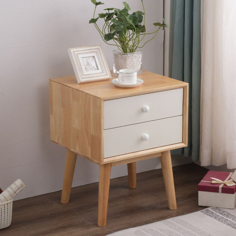 Simplistic Rubberwood 2 Tiers Drawer Storage Bedside Table, Natural/ White, Tilted Leg, 2 Drawers, 18"L x 16"W x 22"H