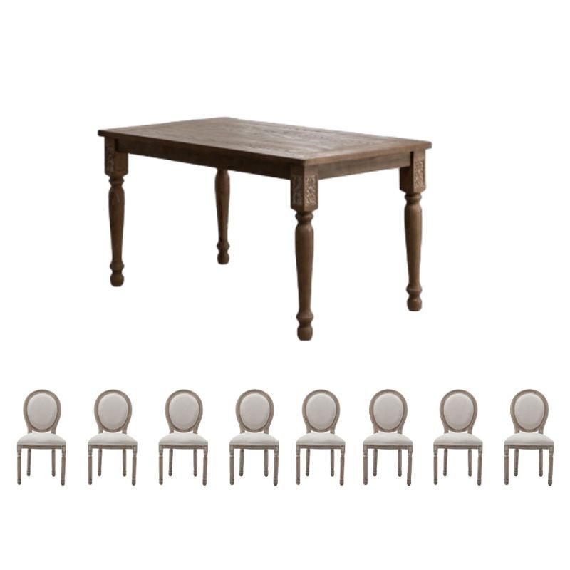 Antique Weathered Wood Dining Table Set with an Oak Tabletop and Upholstered Chairs, 9-piece, 63"L x 31.5"W x 29.9"H, Table & Chair(s)