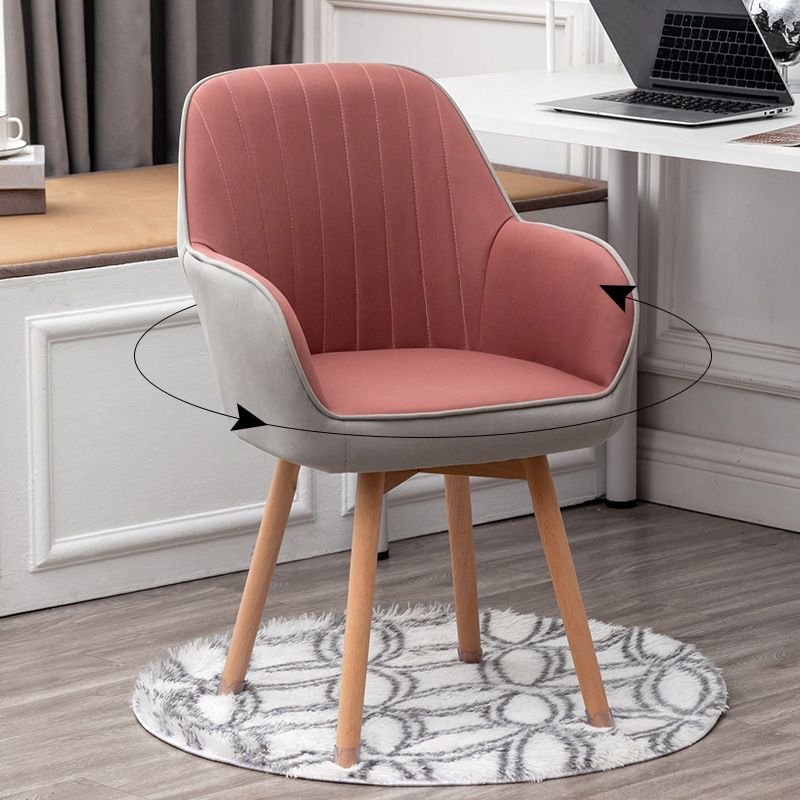 Casual Rotating Peony Faux Leather Study Chair with Wood Base and Armrest, Casters Not Included, Tech Cloth, Pink & Gray