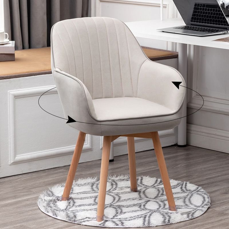 Minimalist Rotatable Cream PU Task Chair with Wood Base and Armrest, Silver Gray, Casters Not Included, Tech Cloth