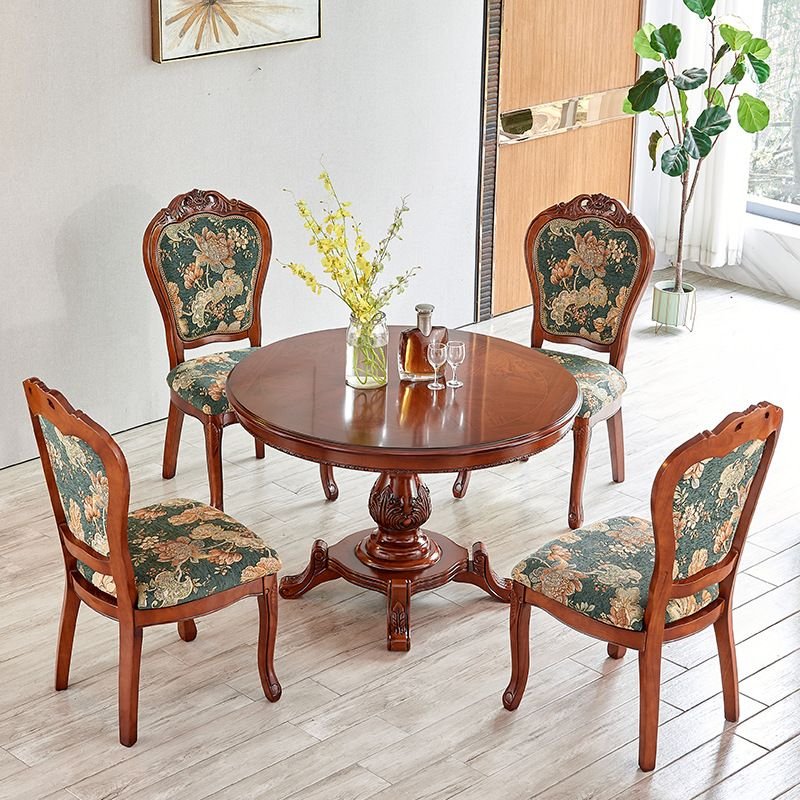Vintage Round Dining Table Set in Natural with a Natural Solid Wood Tabletop and Padded Chairs, Cotton, 39.4"L x 39.4"W x 29.9"H, 5 Piece Set, Table & Chair(s)