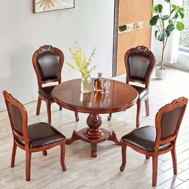 Victorian Round Dining Table Set in Warm Wood Finish with a Wood Tabletop and Padded Chair for Dining Table for 4, Faux Leather, 39.4"L x 39.4"W x 29.9"H, 5 Piece Set, Table & Chair(s)