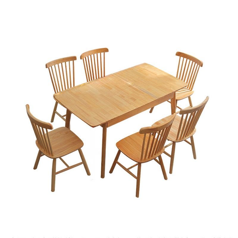 Art Deco Expandable Separable Rubberwood Changeable Dining Table Set with Natural Color Windsor Back Chairs, Table & Chair(s), 7 Piece Set, 35.5"L x 31.5"W x 29.5"H