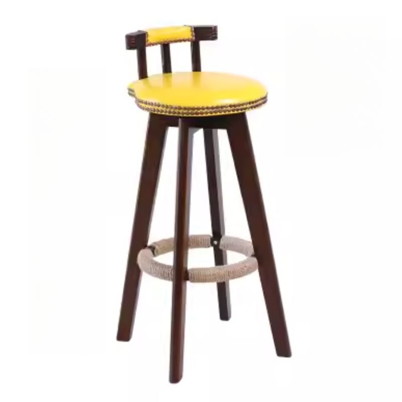 Boho-Chic Amber Wood Bistro Stool with Nailhead Embellishment and Uncovered Back, Brown, Yellow