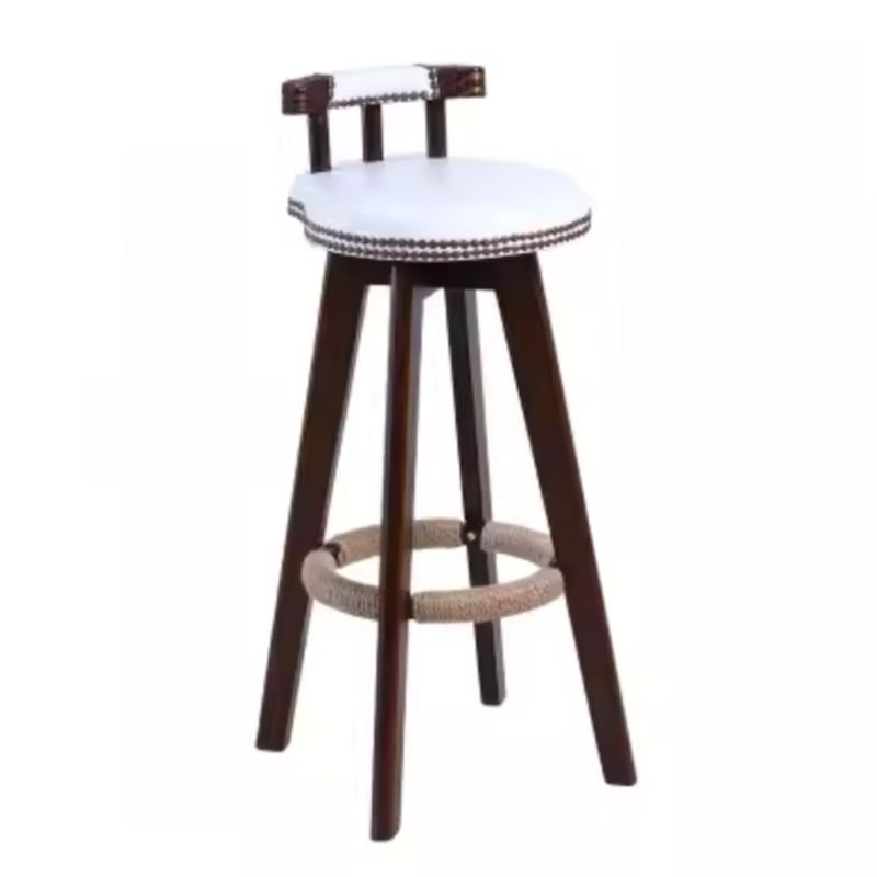 Boho-Chic Amber Wood Bistro Stool with Nailhead Embellishment and Uncovered Back, Brown, White
