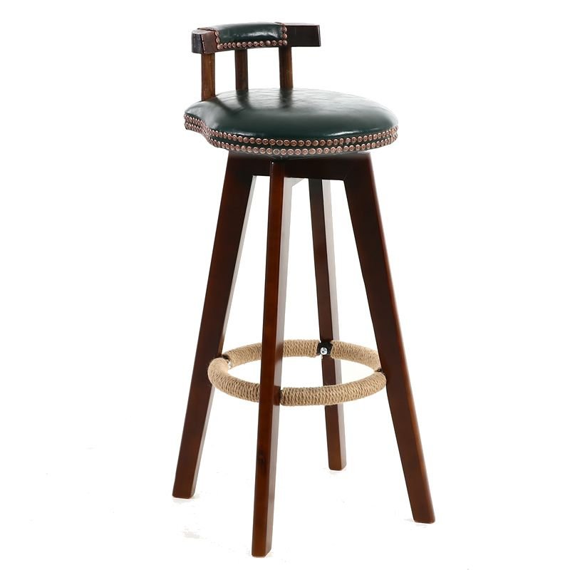 Boho-Chic Amber Wood Bistro Stool with Nailhead Embellishment and Uncovered Back, Brown, Blackish Green