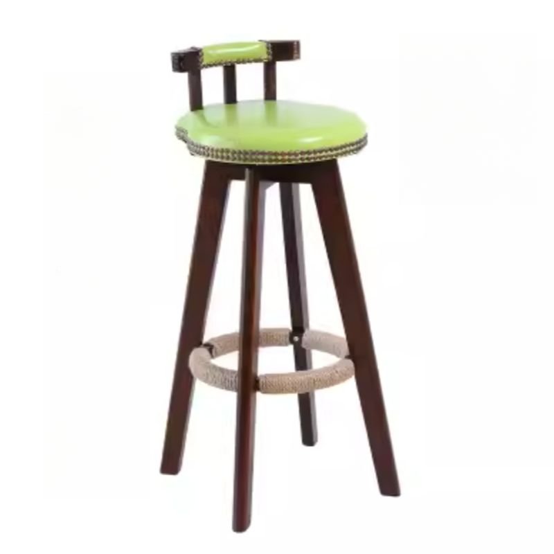Boho-Chic Amber Wood Bistro Stool with Nailhead Embellishment and Uncovered Back, Brown, Fruit Green