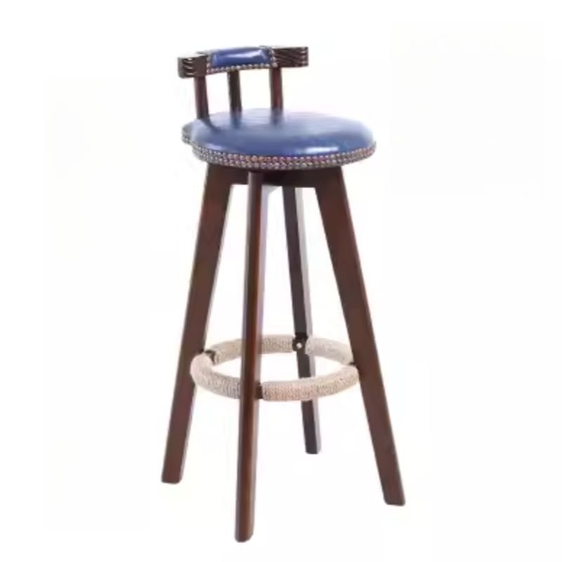 Boho-Chic Amber Wood Bistro Stool with Nailhead Embellishment and Uncovered Back, Brown, Blue