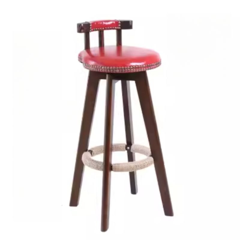 Boho-Chic Amber Wood Bistro Stool with Nailhead Embellishment and Uncovered Back, Brown, Red